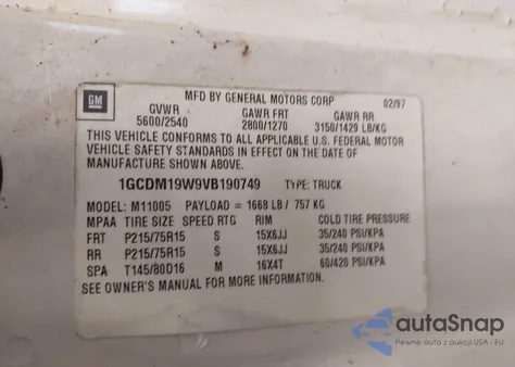 1997 Chevrolet Astro from USA, damaged, VIN 1GCDM19W9VB190749